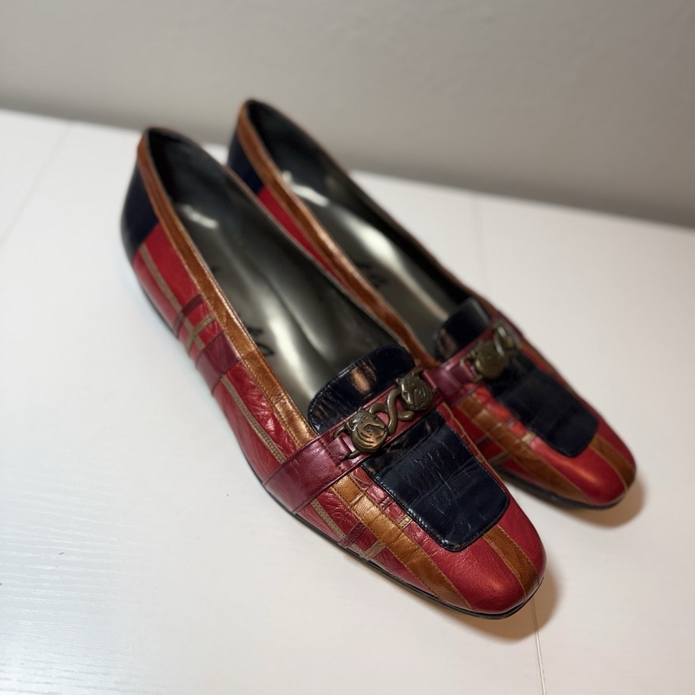 Vtg Margaret Jerrold Red Multicolor Leather Block Heel Shoes Gold Tigers 11.5 N